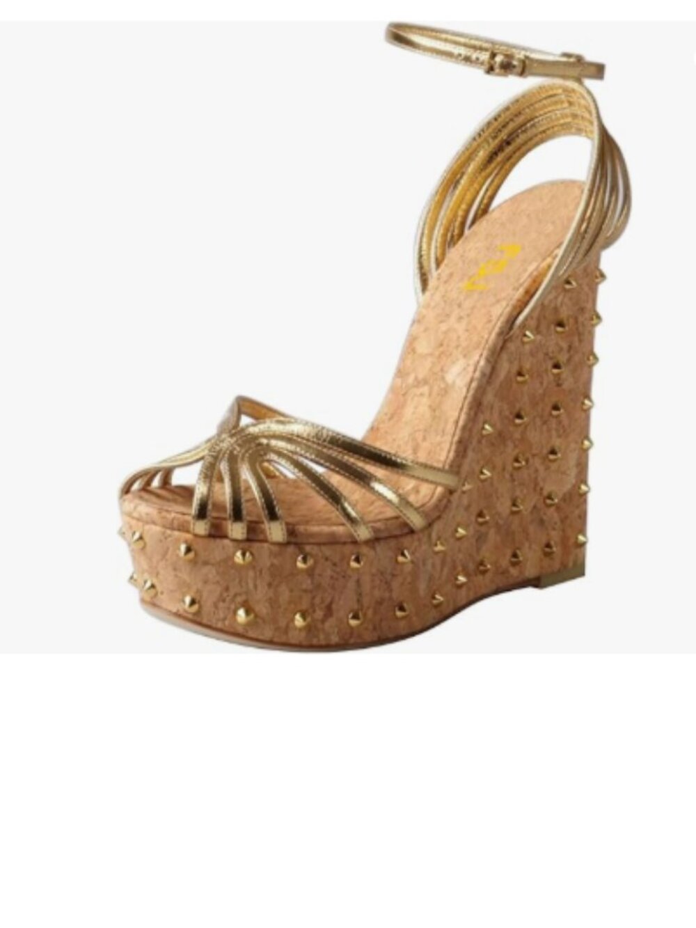 FSJ Gold Rivet Studded Wedge Platform Cork High Heel Peep Toe Ankle Strap Sandal
